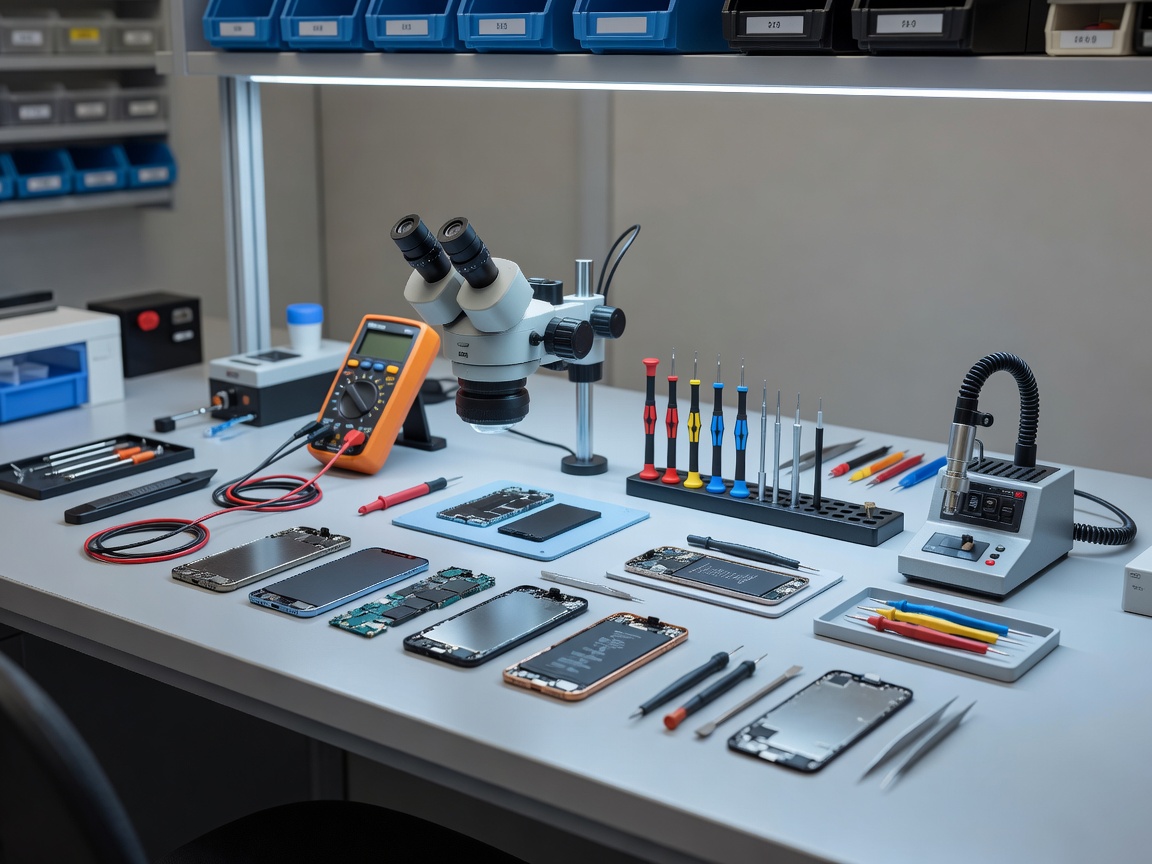 Clean mobile phone repair workbench with diagnostics tools in Telemark