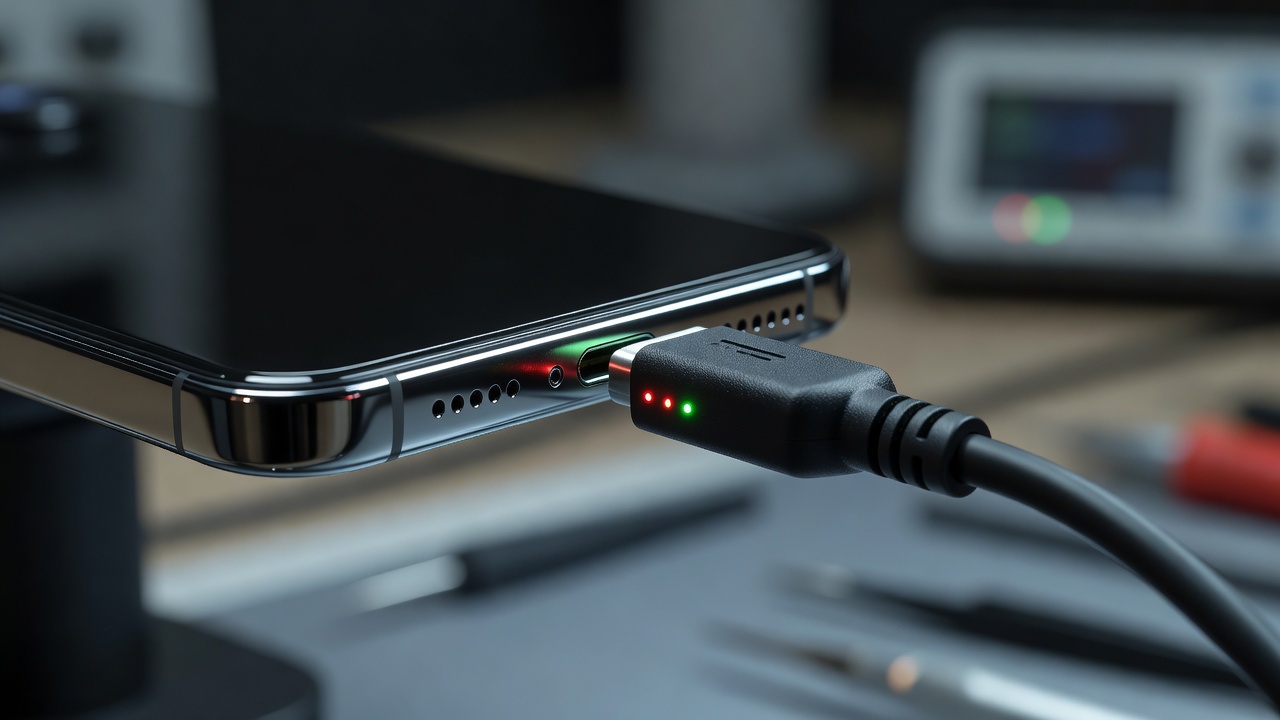 Close-up of smartphone charging port connected to a cable during diagnostic testing