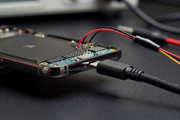 Close view of smartphone charging port with cable for diagnostic testing