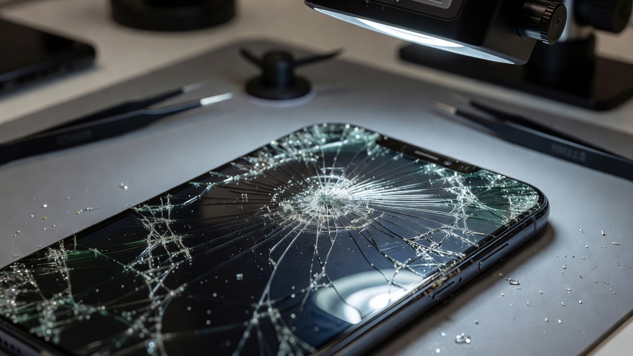 Damaged smartphone glass screen prepared for professional screen repair inspection