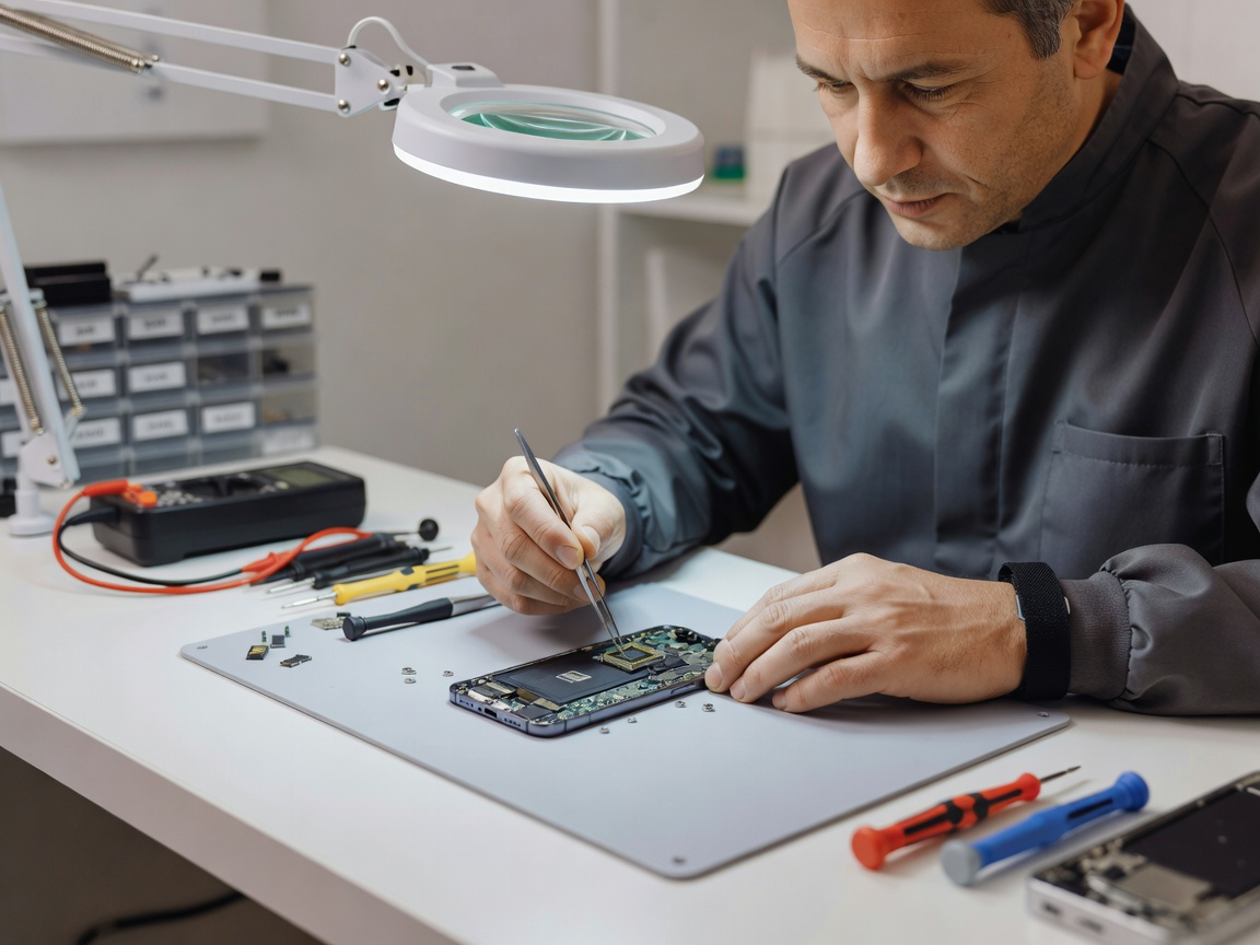 Professional mobile phone technician repairing a smartphone on a clean workbench