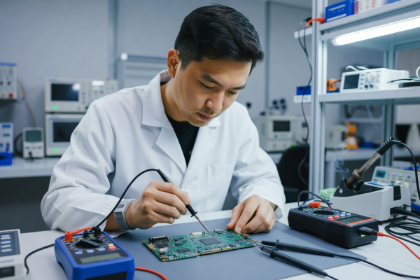 Professional technician testing smartphone circuit board with electronic diagnostic tools