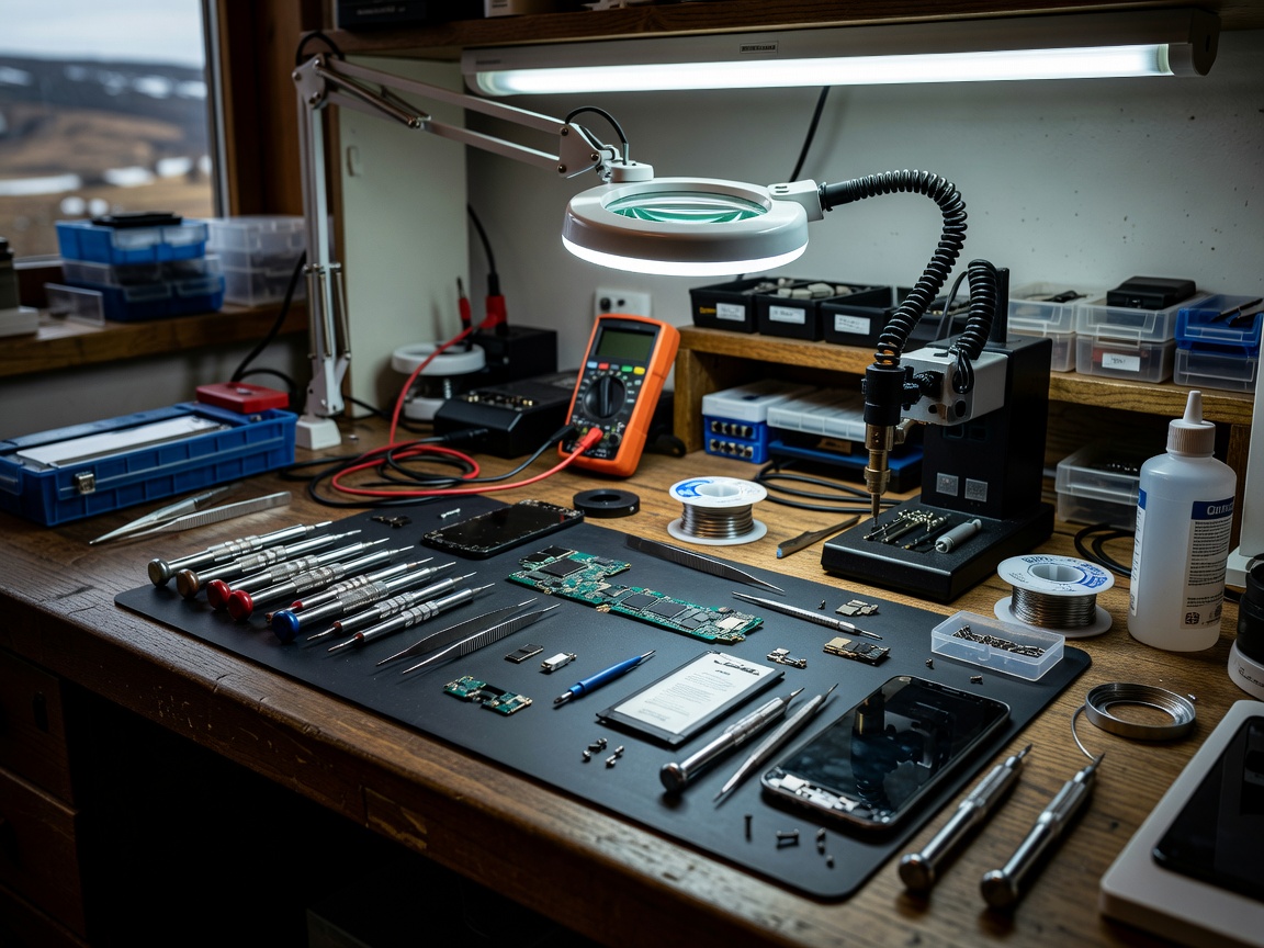 Real phone repair workbench with precision tools representing chroniclebuddyrel services in Telemark
