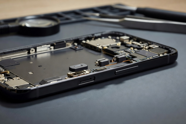 Side profile of smartphone power button and volume controls for button repair