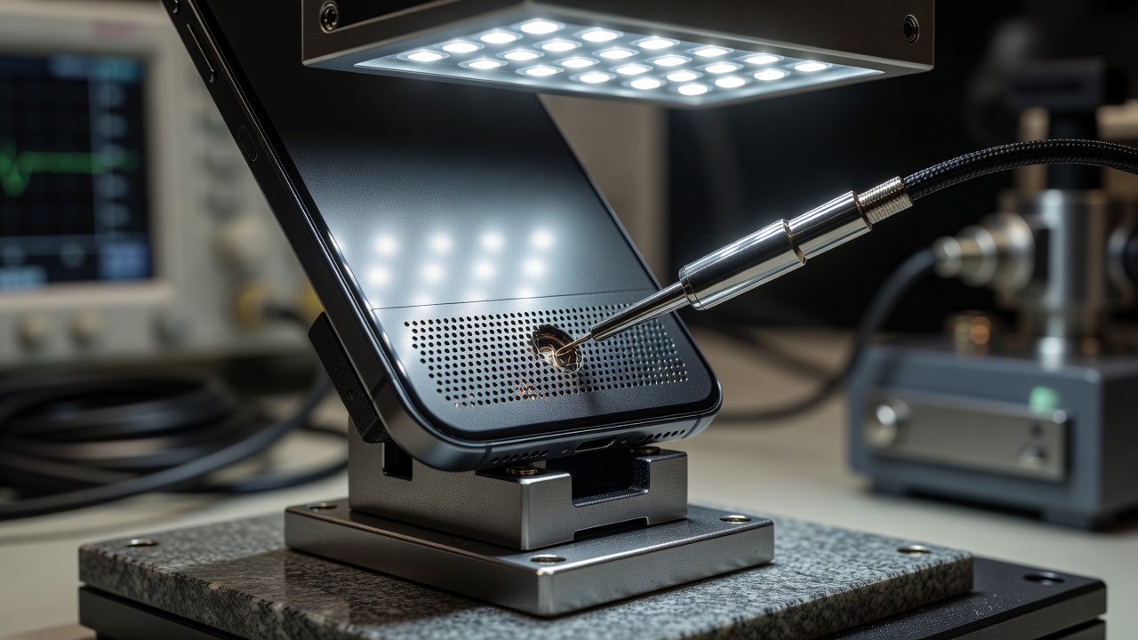 Smartphone audio speaker grill inspected for audio output diagnostics
