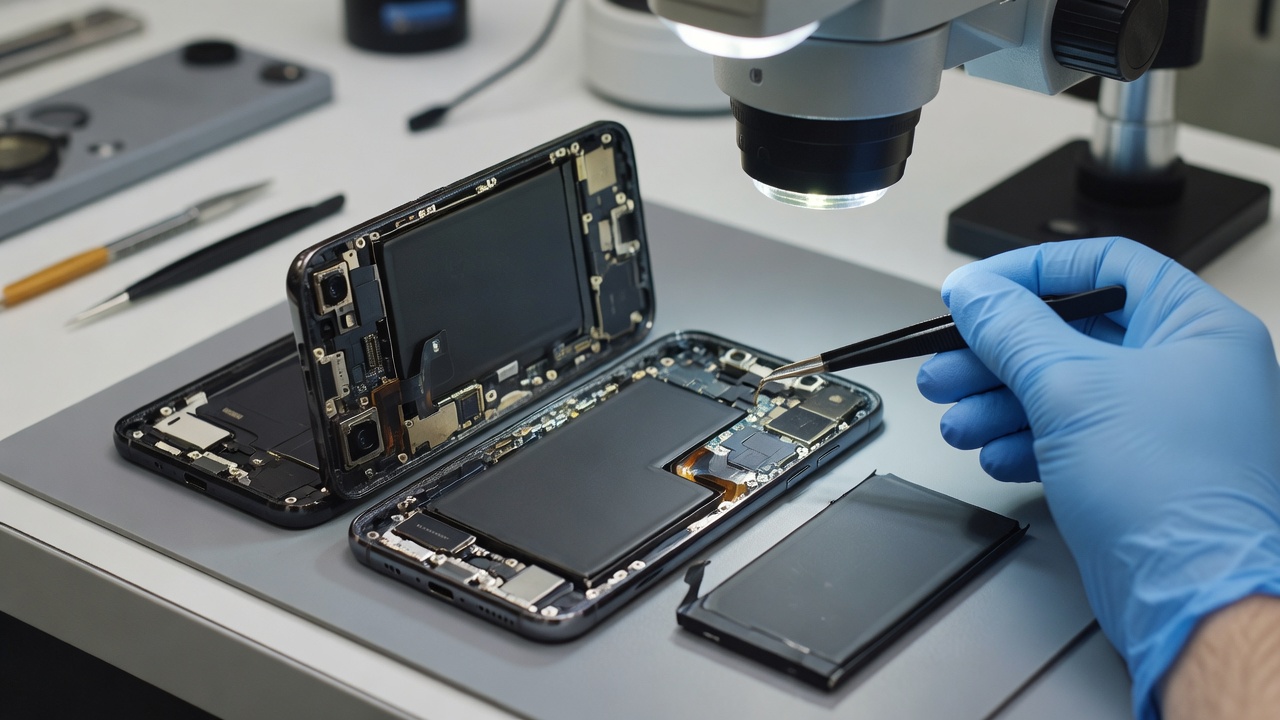 Smartphone disassembled for professional battery condition inspection and replacement