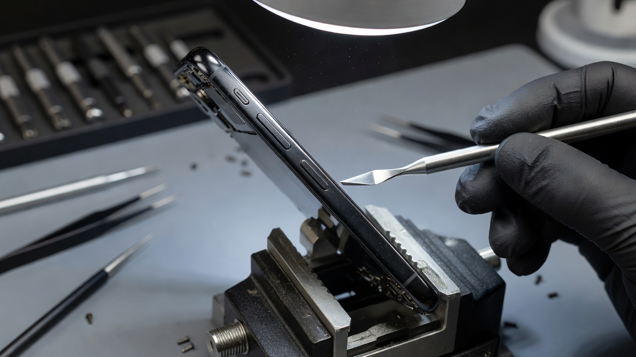 Smartphone physical power key and side volume buttons inspected for hardware repair