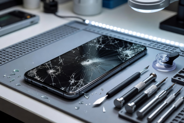 Smartphone with cracked glass screen ready for professional screen repair
