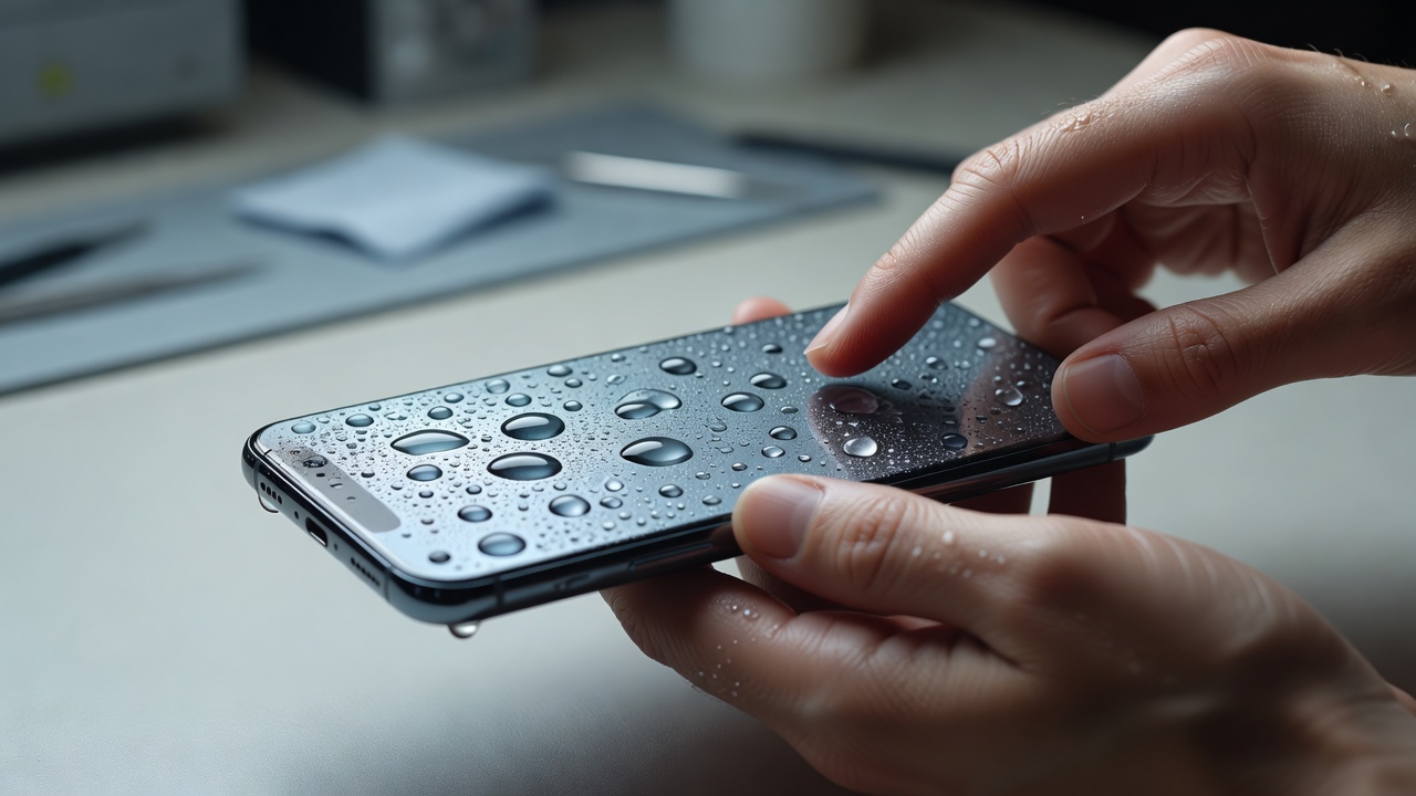 Smartphone with water droplets inspected after accidental liquid exposure