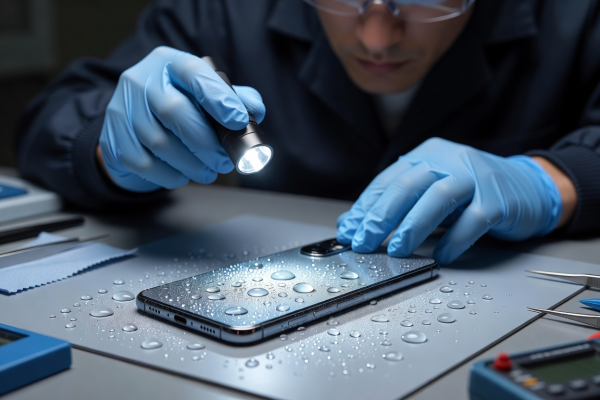 Smartphone with water droplets undergoing inspection after accidental liquid exposure