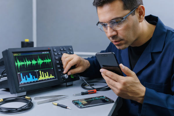 Technician testing smartphone microphone input quality during call diagnostic