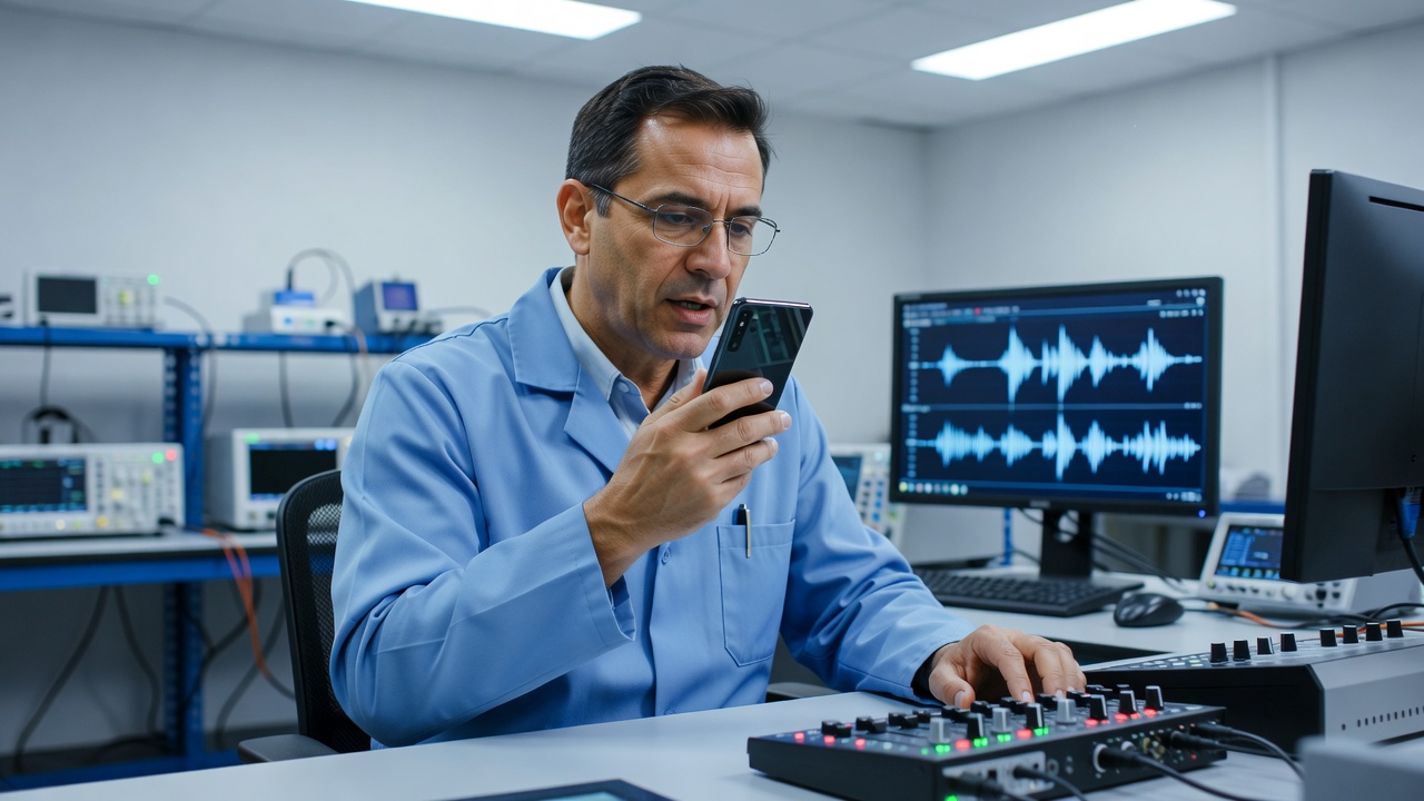 Technician testing smartphone microphone voice recording and call audio quality