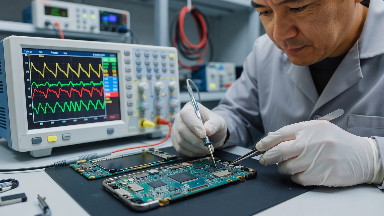 Technician using electronic diagnostic equipment on smartphone hardware circuit board
