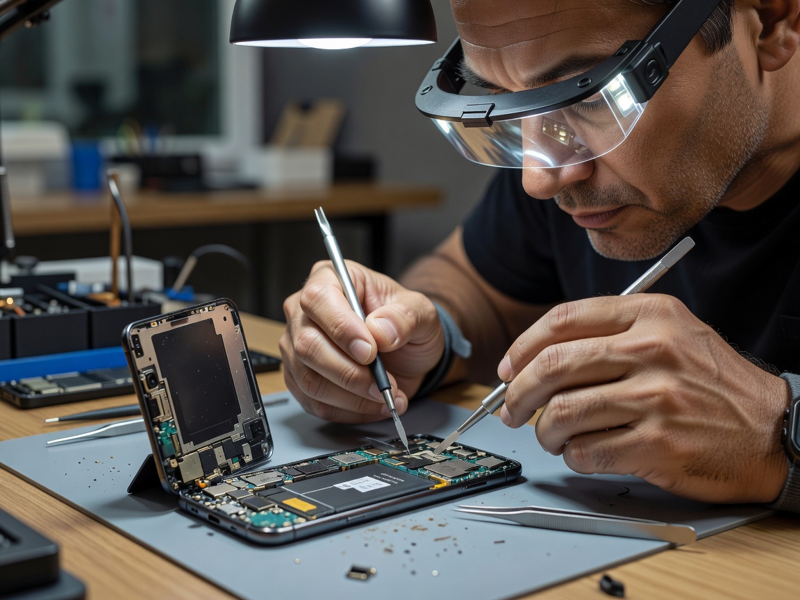Technician using precision tools to inspect a smartphone screen during mobile phone repair diagnostics